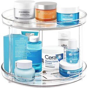 2 Tier Lazy Susan Bathroom Organizer, Clear 360 Rotating Makeup Organizer